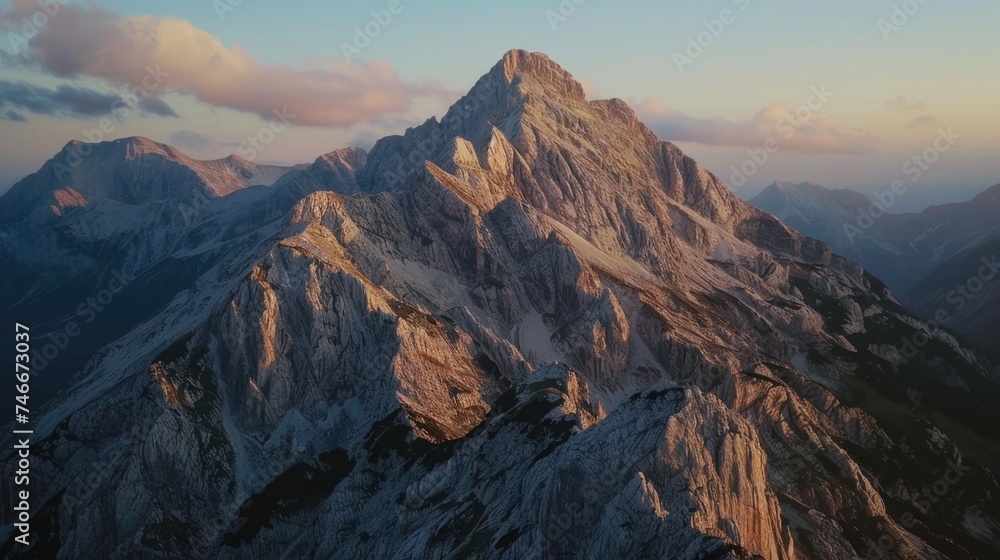 Poster a stunning view of a mountain with a cloudy sky. suitable for nature and travel concepts
