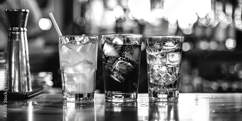 Poster Row of glasses filled with various drinks. Perfect for menu design