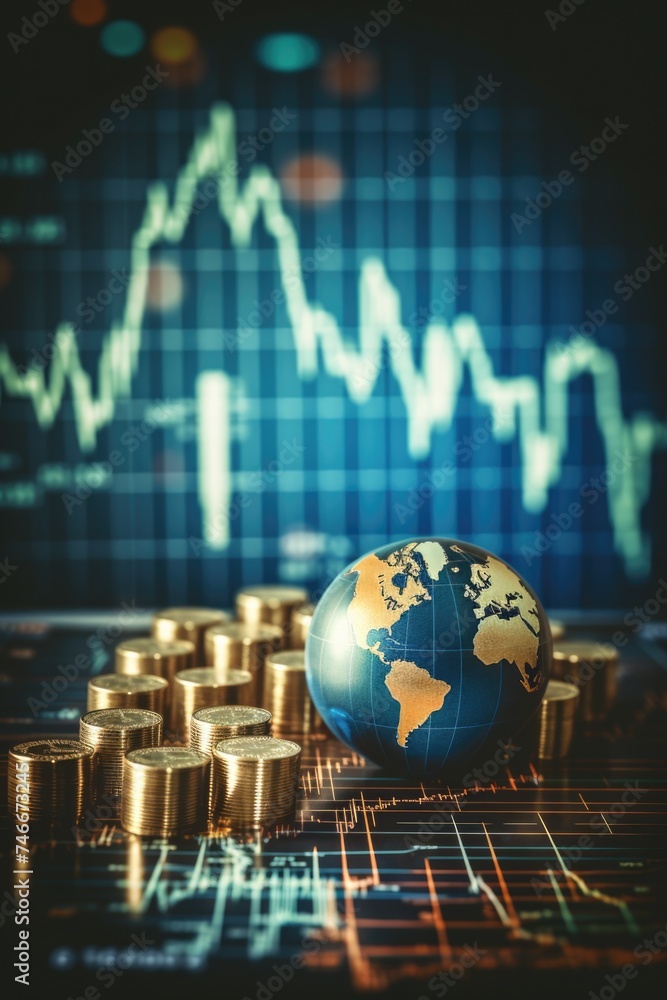 Aufkleber a globe resting on a stack of coins, suitable for finance or global business concepts