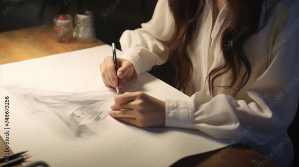 Aufkleber a woman sitting at a table drawing on a piece of paper. ideal for creative projects and art-related 