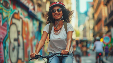 A young woman riding a bicycle in the city. - obrazy, fototapety, plakaty