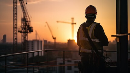 Architect civil Engineer and worker checking project at building site background, construction site at sunset in evening time. Silhouette of construction - obrazy, fototapety, plakaty