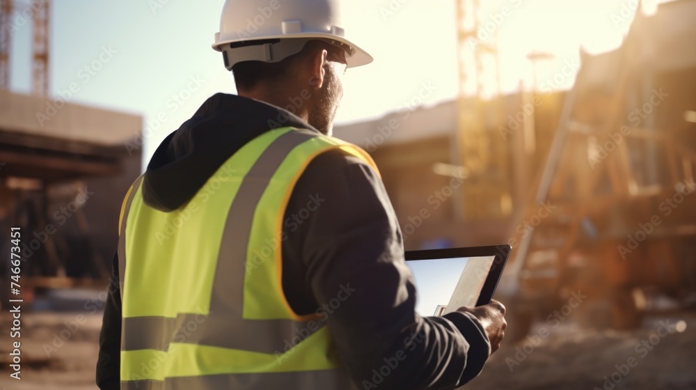 Poster a man in a hard hat holding a tablet computer. ideal for construction industry concepts