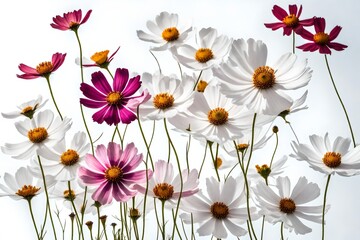 An artistic composition of colorful cosmos flowers, their dainty blooms floating gracefully against a backdrop of pure white. 