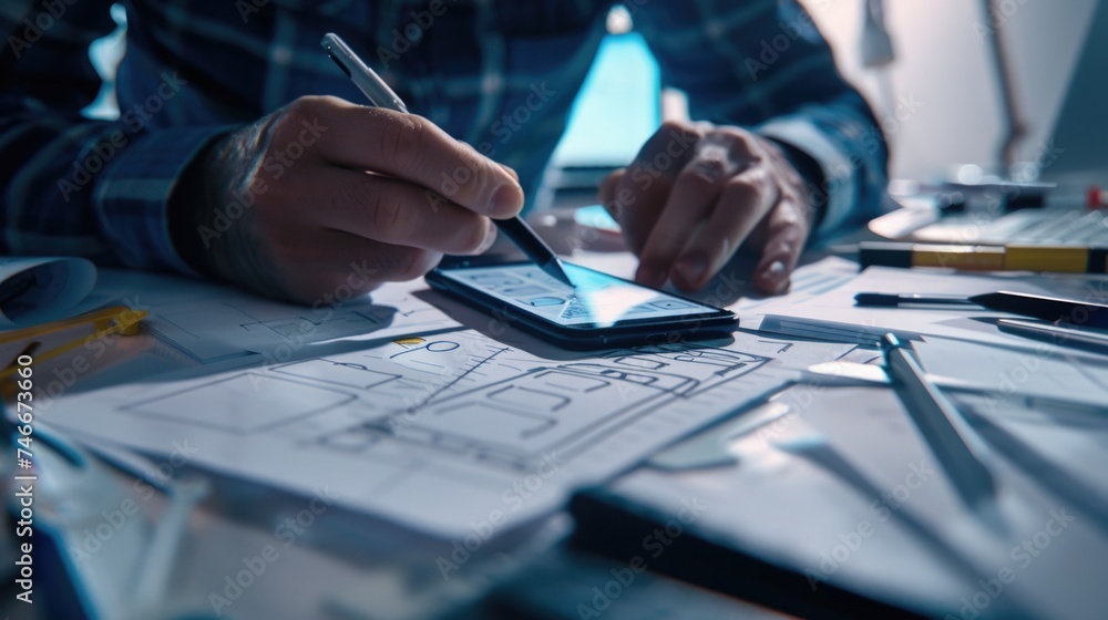 Aufkleber a person sitting at a desk using a cell phone. suitable for technology and communication concepts