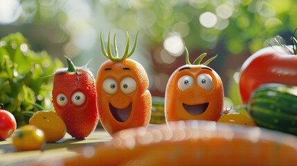 Fresh vegetables with cute faces, perfect for food or nutrition concept