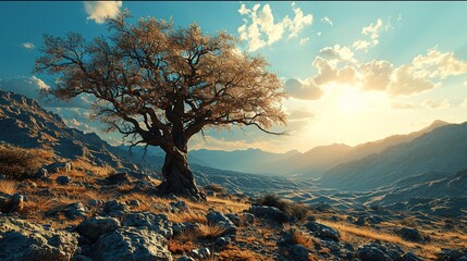 a tree is standing in a desert landscape, light gold and beige, orientalist imagery, sharp/prickly, influence, natural symbolism, science-fiction lands - obrazy, fototapety, plakaty