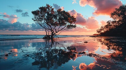 a tree is standing in the sand at sunset, in the style of romantic moonlit seascapes, dark sky-blue and light pink, mirrored realms, calm waters, geographic photo, landscape
