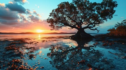 a tree is standing in the sand at sunset, in the style of romantic moonlit seascapes, dark sky-blue and light pink, mirrored realms, calm waters, geographic photo, landscape - obrazy, fototapety, plakaty