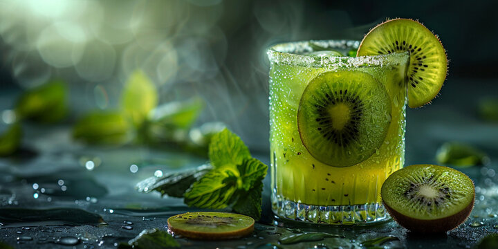 A glass of kiwi cocktail with ice and mint on a black background