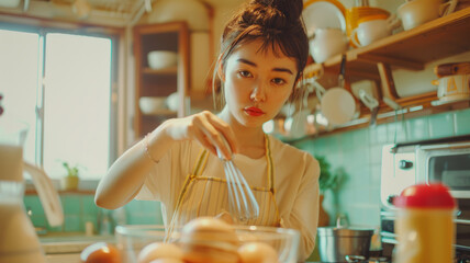 A young woman whisking in the kitchen.