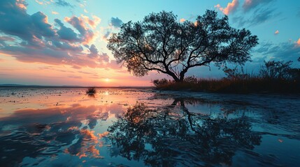 a tree is standing in the sand at sunset, in the style of romantic moonlit seascapes, dark sky-blue and light pink, mirrored realms, calm waters, geographic photo, landscape - obrazy, fototapety, plakaty