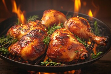 Naklejka premium Closeup Roasted chicken legs on grill with flames and smoke