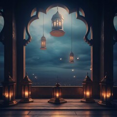 Stojące na balkonie palące się lampiony, nocne, zachmurzone niebo. Lantern as a symbol of Ramadan for Muslims. - obrazy, fototapety, plakaty