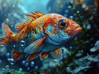 a very bright fish with two eyes and bubbles behind it, in the style of photorealistic fantasies