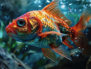 a very bright fish with two eyes and bubbles behind it, in the style of photorealistic fantasies - obrazy, fototapety, plakaty