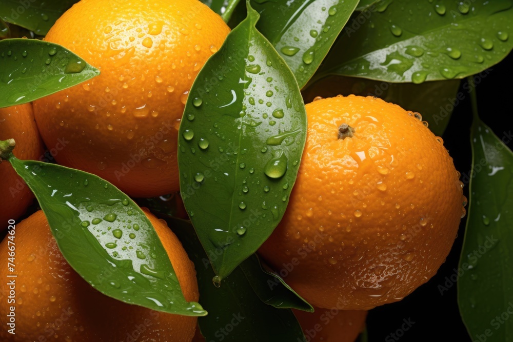 Poster close up shot of oranges growing on a tree. suitable for agricultural concepts