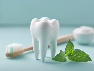 Fototapeta na wymiar Promoting Optimal Oral Care: 3D White Tooth, Bamboo Toothbrush, Paste and Fresh Mint Leaf for Dental Hygiene and Fresh Breath.