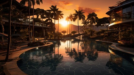 a view of a resort during sunset, in the style of sumatraism, white and bronze, exacting precision, abbott fuller graves, vfxfriday - obrazy, fototapety, plakaty