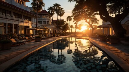 a view of a resort during sunset, in the style of sumatraism, white and bronze, exacting precision, abbott fuller graves, vfxfriday - obrazy, fototapety, plakaty