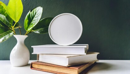 blank white picture frame poster mockup modern table white top still life composition organic shape vase green leaf plant small round vase on top of a stack of 3 small books - obrazy, fototapety, plakaty