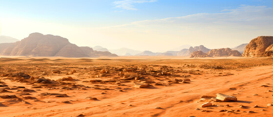 Fototapeta na wymiar Dirt road cuts through desert with mountains, under a vast sky