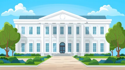 Front view of court house, bank, university or governmental institution. White brick public building with white columns. Flat style modern vector illustration 