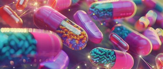 A visionary depiction of personalized medicine tailored to DNA, colorful pills and DNA strands in the background, hyper-realistic - obrazy, fototapety, plakaty