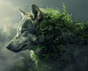 A werewolf utilizing sustainable technology to heal nature, a unique juxtaposition of a wild creature caring for the environment