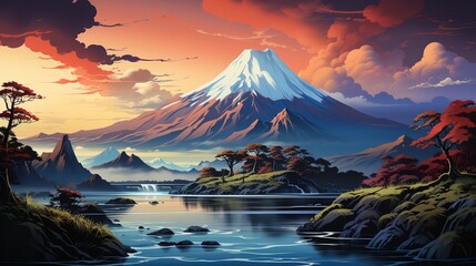 a view of an orange coloured volcano rising above mist, in the style of art, light yellow and azure, mesmerizing colorscapes, eye-catching, dau-al-set, light crimson and sky-blue