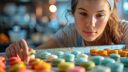 A young woman preparing macarons in the kitchen.