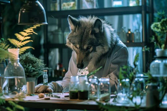 A werewolf in a lab dedicated to sustainable technology, symbolizing the balance between nature and eco-friendly innovations