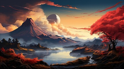 a view of an orange coloured volcano rising above mist, in the style of art, light yellow and azure, mesmerizing colorscapes, eye-catching, dau-al-set, light crimson and sky-blue