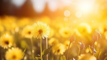 Beautiful flowers of yellow dandelions in nature in warm summer or spring on meadow  in sunlight, macro. Dreamy artistic image of beauty of nature. Soft focus