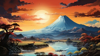 a view of an orange coloured volcano rising above mist, in the style of art, light yellow and azure, mesmerizing colorscapes, eye-catching, dau-al-set, light crimson and sky-blue - obrazy, fototapety, plakaty