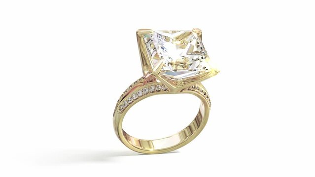 Rotating shining princess cut solitaire diamond ring on white background. 3d animation