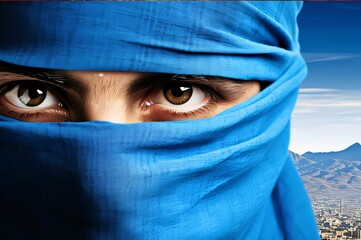 The eyes of a woman in a blue niqab. Ramadan as a time of fasting and prayer for Muslims.