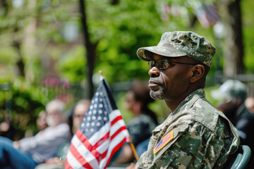 A man in a military uniform with an American flag on Memorial Day - obrazy, fototapety, plakaty