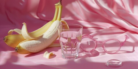 Fresh banana and stylish glasses on a vibrant pink background. Perfect for food and fashion concepts