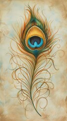 Peacock Feather Painting on Beige Background