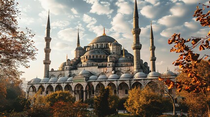 a view of the blue mosque, in the style of light black and purple, light green and orange, soft-edged, light sky-blue and white, sustainable architecture, gold leaf accents, historical significance