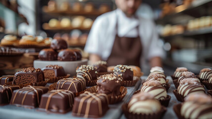 Assorted chocolates in a bakery shop.