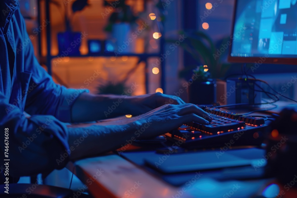 Poster A person working on a computer at a desk. Suitable for technology concept
