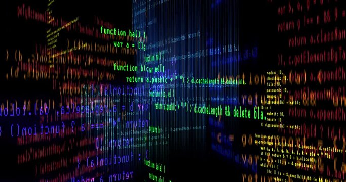 Movement among printed computer code in different planes in a dark space. Cyberspace concept, programming language, virus, application creation