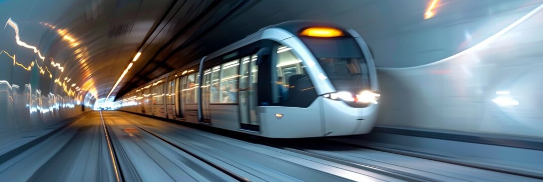 Blurry rapid transit in an electric high speed train vehicle, zooming through a city tunnel, blurred streetlights overhead