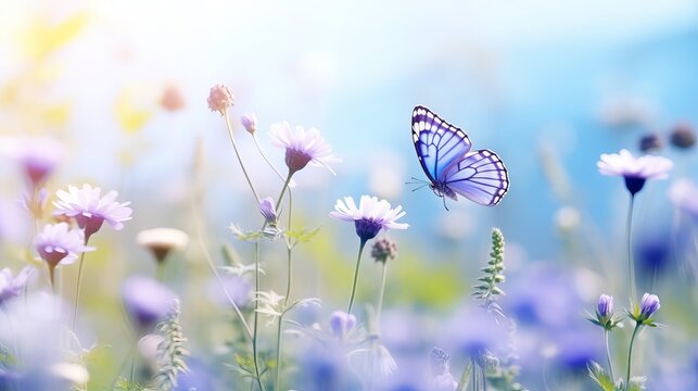 Beautiful wild flowers chamomile, purple wild peas, butterfly in morning haze in nature close-up macro. Landscape wide format, copy space, cool blue tones. Delightful pastoral airy artistic image