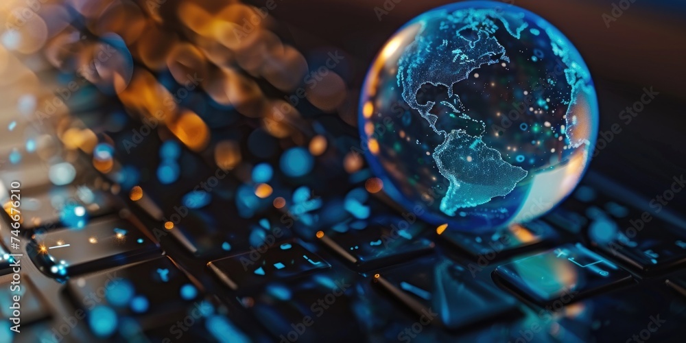 Poster glass globe placed on top of a laptop keyboard, suitable for global communication concepts