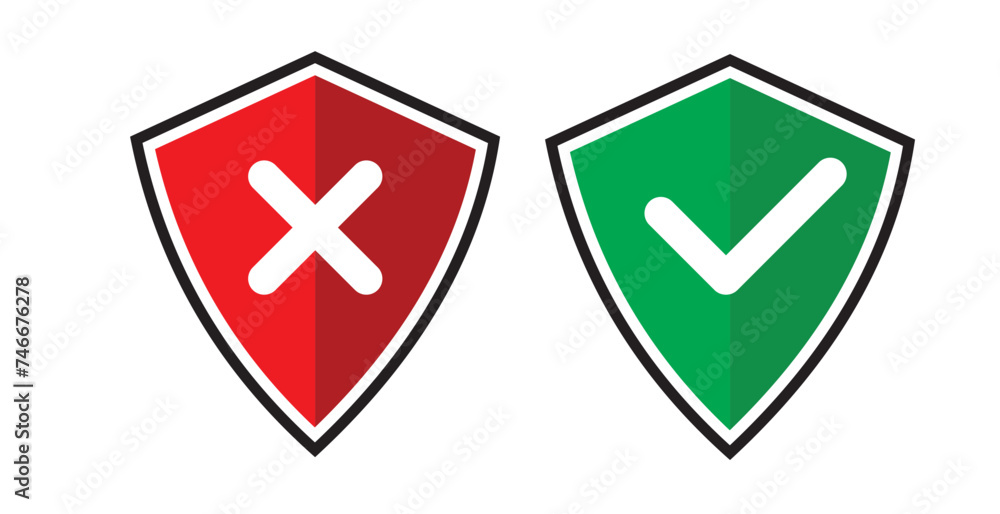 Poster green shield with check mark and red shield with cross mark icons. symbols on the rejection or confi