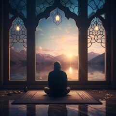 Man at prayer in the mosque at the window with an image on the mountains of the lake sunset. Ramadan as a time of fasting and prayer for Muslims.