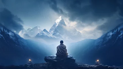 Foto op Canvas A man meditating on a mountaintop overlooking snow-covered mountains. Ramadan as a time of fasting and prayer for Muslims. © Hawk